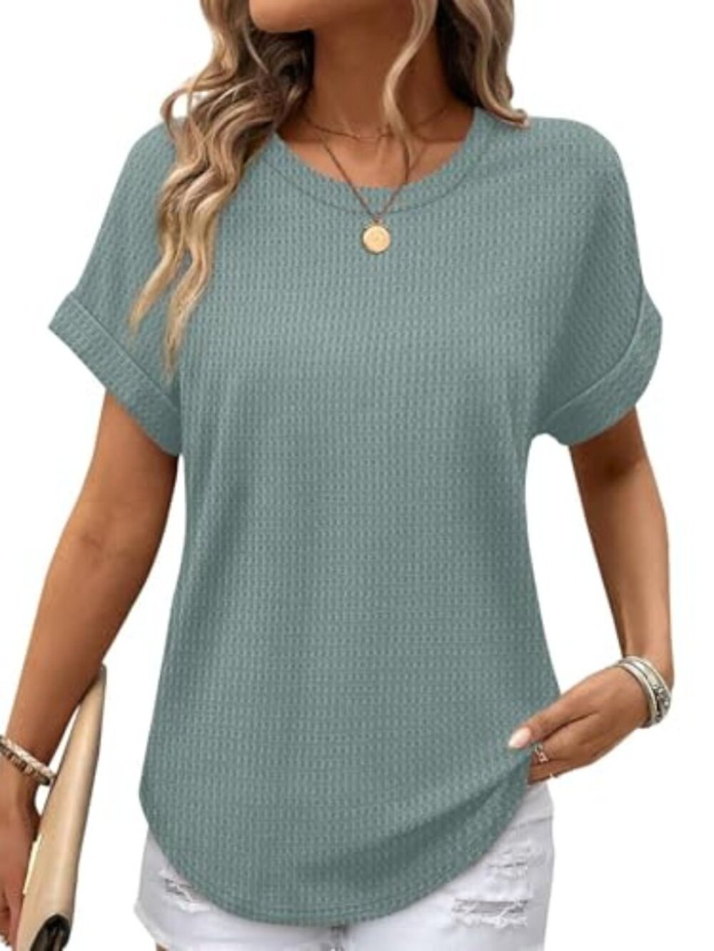 Summer Tops for Women 2026 Trendy Rolled Short Sleeve Shirts Waffle Knit Crew